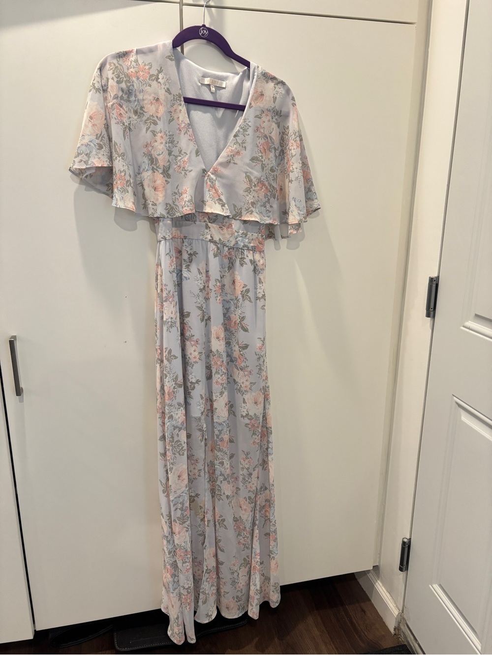 WAYF Light Blue Floral Maxi Dress with Cape Overlay